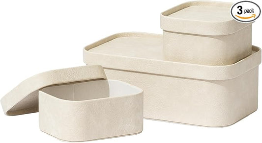 La Jolie Maison Vegan Leather Storage Boxes with Lids, Set of 3 Decorative Storage Containers Organize Stackable Storage Box, Beige-Ruum Studio Home