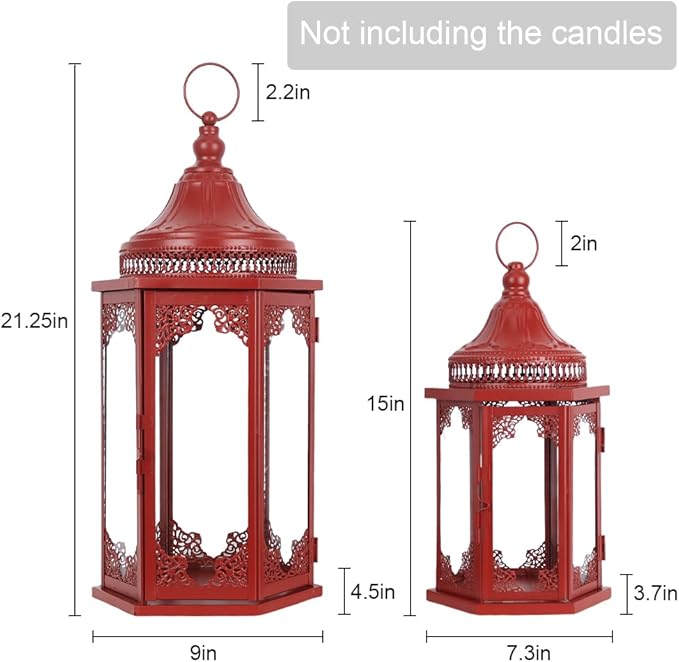 NEEDOMO Christmas Decorations Set of 2, 22''/15'' Christmas Lantern with Glass Panels for Home Decor, Decorative Hanging Lantern Indoor Outdoor for Xmas Table Centerpieces, Porch, Patio(Red)-Ruum Studio Home