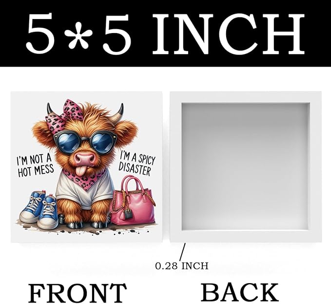 Funny Cute Highland Cow Baby Decor, Cow With Pink Bow, Highland Cow Gifts for women, Western Highland Cow Nursery Decor, Wooden Box Decor Sign for Home Farmhouse Office Living Room Table Shelf-Ruum Studio Home