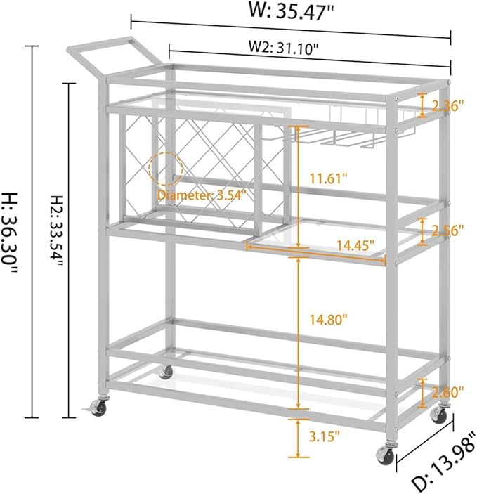 FATORRI Bar Cart Silver, Bar Carts for The Home, Home Bar Serving Carts for Liquor, Rolling Wine Cart with 3 Tier Mirrored Shelves on Wheels for Alcohol and Beverage (Silver)-Ruum Studio Home