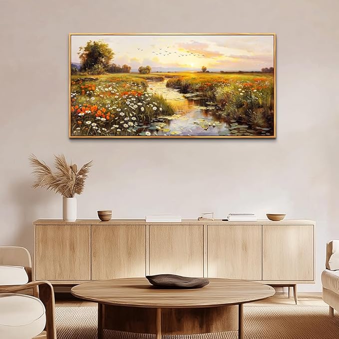 PHAOHUAXM Canvas Wall Art For Living Room Wall Decor For Bedroom Watercolour Painting Office Decoration Countryside Sunrise Scenery Wall Picture Printing Artwork Home Decor Wood Framed 24x48 In-Ruum Studio Home