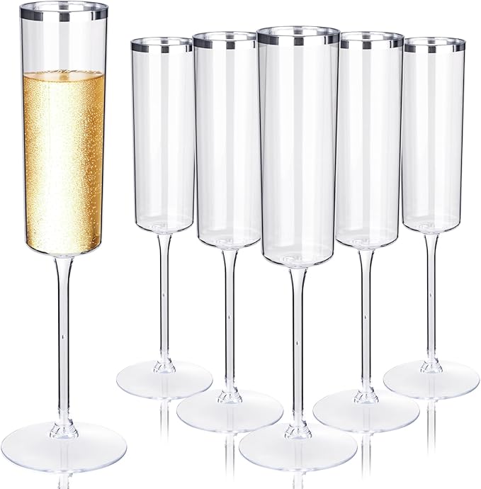 Ciaell 24 Pack Silver Plastic Champagne Flutes - 6 Oz Disposable Champagne Glasses - Square Silver Rim Plastic Toasting Glasses for Party Birthday Anniversary Wedding-Ruum Studio Home