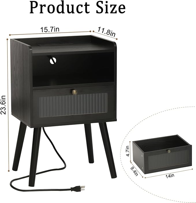 AWASEN Black Nightstand with Charging Station, Modern Bedside Table with Glass Decorative Drawer, Small End Table Side Table with 2 Tiers Storage Space, for Bedroom, Office and Small Space (Black)-Ruum Studio Home
