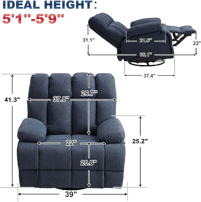 Oversized Recliner Chair, 360° Swivel Rocker Recliner for Big Man, Extra Wide Manual Recliner, Overstuffed Soft Rocking Sofa Chair, Overstuffed Soft Rocking Sofa Chair for Living Room(Grey)-Ruum Studio Home