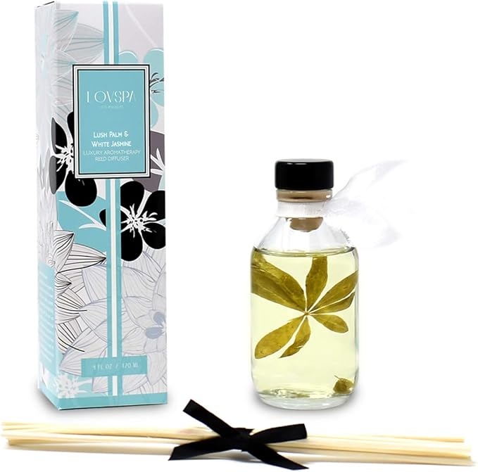 LOVSPA Reed Diffuser Set, Lush Palm & Jasmine Scented Oil Diffuser with Sticks, Home Fragrance Accessories for Bathroom Shelf Decor, Aroma Diffusers for Home or Office Desk, USA Made-Ruum Studio Home