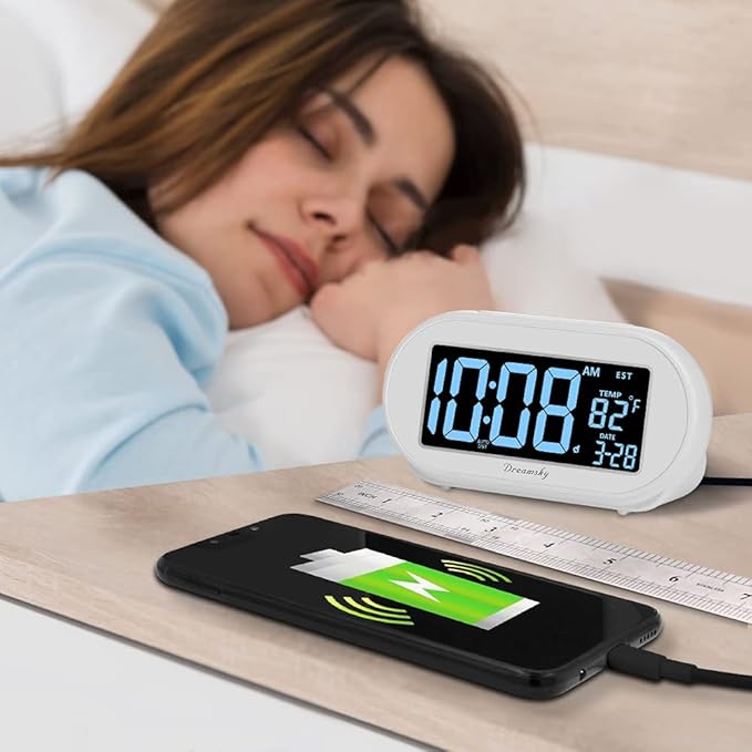 DreamSky Alarm Clocks for Bedrooms, Auto Set Digital Desk Clock for Bedside Nightstand, Electric Clock with Dimmable Brightness Dimmer, Auto DST, USB Port, Date, Temperature, Snooze-Ruum Studio Home
