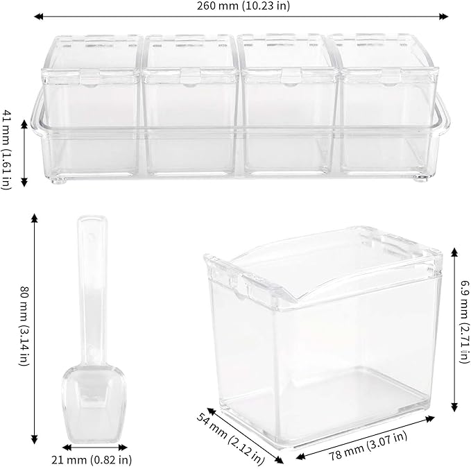 JAPCHET 3 Pack 4 Cell Clear Seasoning Box with Spoons, 10.2 × 3.54 × 3 inch Seasoning Storage Container with Cover, Clear Seasoning Rack Spice Pots for Spice, Salt, Sugar-Ruum Studio Home