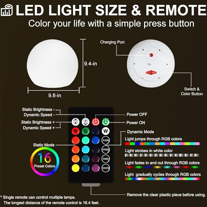 10 In LED Globe Light w/Remote, 16 RGB Colors 4 Modes & 8 Dimmable Brightness LED Ball Light Sphere Lamp, Rechargeable Orb Night Light Waterproof Outdoor Globe Lamp for Home/Yard/Lawn/Party/Pool Decor-Ruum Studio Home