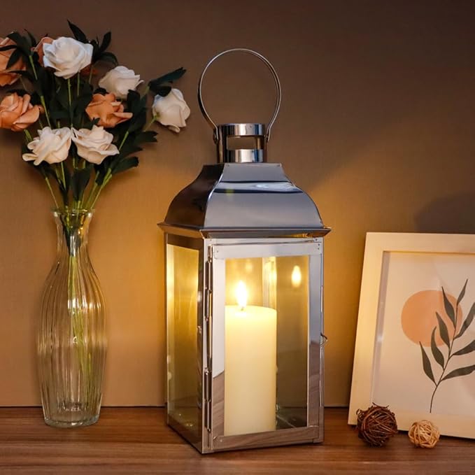 JHY DESIGN Silver Decorative Lanterns 12.5''High Stainless Steel Candle Lanterns with Tempered Glass for Indoor Outdoor Events Parities and Weddings Vintage Style Hanging Lamps-Ruum Studio Home