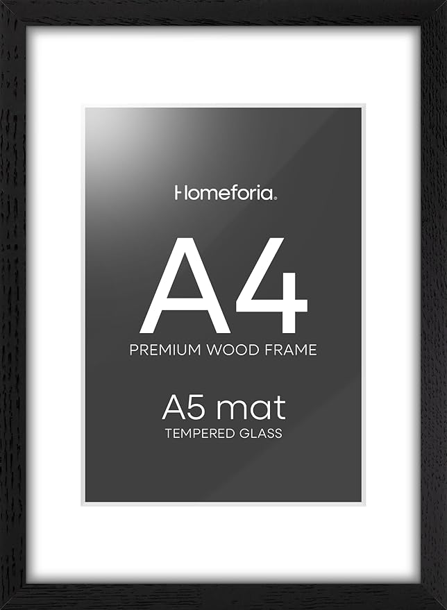 Homeforia A4 Picture Frame Black Wood, High-End Oak 8.3 x 11.7 Black Poster Frames Matted to 5.8 by 8.3 Photo, 8.3x11.7 Size Wooden Frame with Mat for 5.8x8.3 Print, Tempered Glass, Wall Kit, Set of 1-Ruum Studio Home