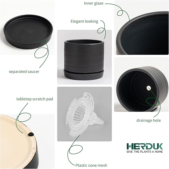 6 + 8 Inch Plant Pots, Ceramic Planter Pot with Drainage Hole & Saucer, Indoor/Outdoor Cylinder Round Planter Pot, Matte Black-Ruum Studio Home