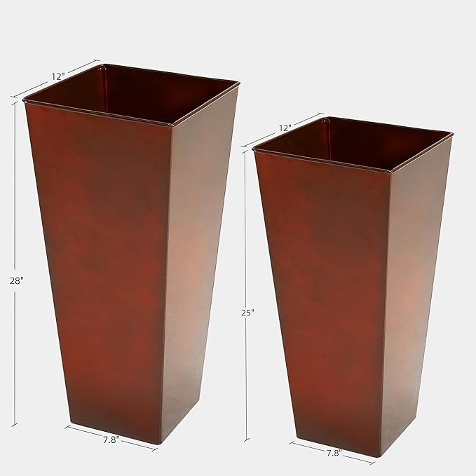 KOL 25'' & 28'' Tall Galvanized Steel Metal Glazed Planter with Insert, Set of 2, Metal Planter Pots for Indoor & Outdoor Use, Decorative Flower Plant Pots for Front Porch, Patio, Deck - Brown-Ruum Studio Home
