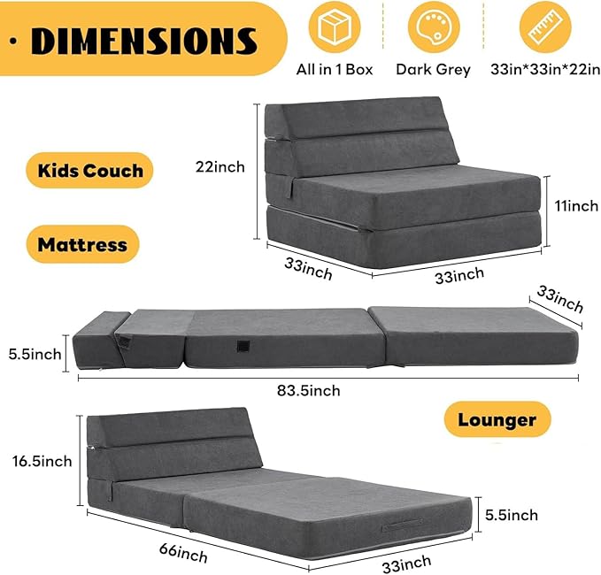 jela Foldable Sofa Bed Large Soft Foam Convertible Sleeper Chair Luxury Miss Fabric Fold Out Chair Bed Floor Couch with Back Support Floor Sofa for Living Room Bedroom (83"x33",Dark Gray)-Ruum Studio Home