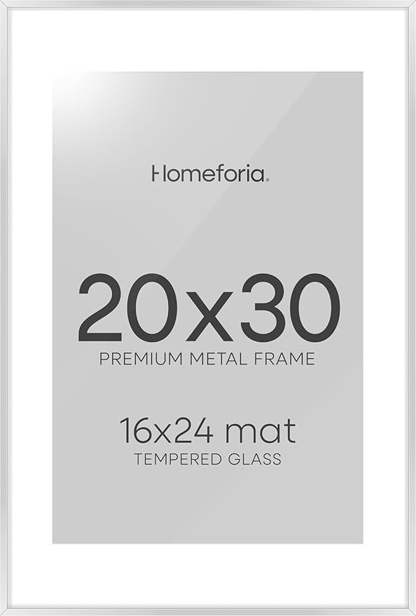 Homeforia Poster Frame Silver 20x30, High End Metal 20 x 30 Picture Frame with Mat 16 x 24 for Photo, 20x30 Silver Frames Matted to 16x24 Print, 30x20 Hanging Frame, Tempered Glass, Wall Kit, Set of 1-Ruum Studio Home