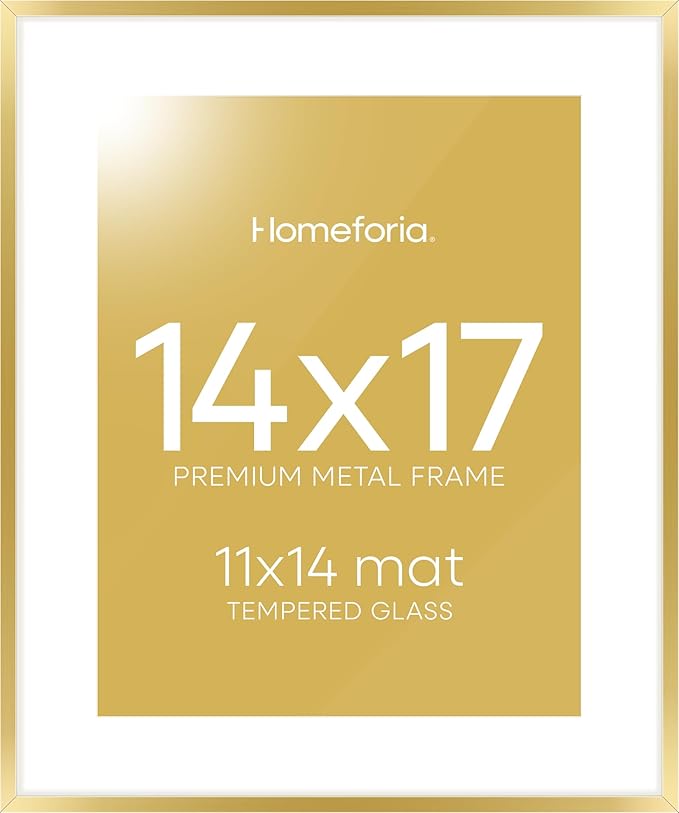 Homeforia 14x17 Picture Frame Gold, High End Metal 14x17 Poster Frames with Mat 11x14 Photo, 14 x 17 Gold Frames Matted to 11 by 14 Print, 17x14 Thin Hanging Frames, Tempered Glass, Wall Kit, Set of 1-Ruum Studio Home