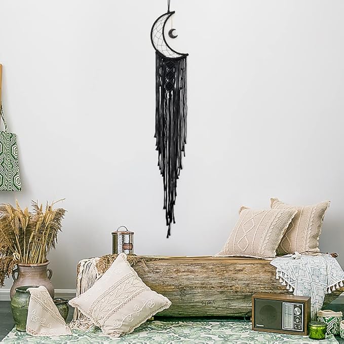 MOONFLY Black Moon Dream Catcher with Handmade Woven Cotton Dream Catchers Boho Macrame Wall Hanging Home Decoration Ornament Craft Gift (Black Moon)-Ruum Studio Home