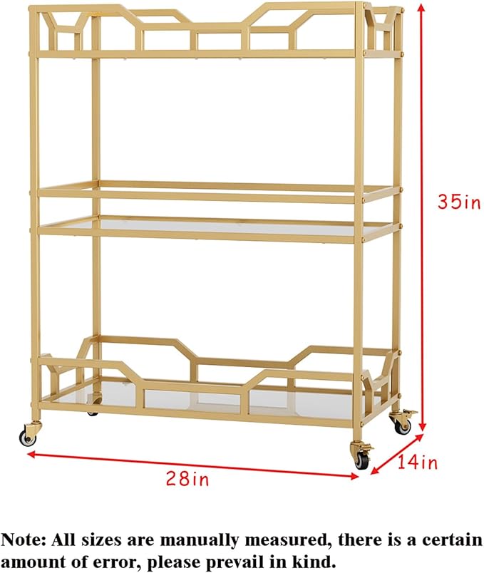 Square Gold Bar Carts with 3 Tier Storage Glass Shelves Holder Home Serving Bar Carts on Wheels for Kitchen, Bar, Dinning Room-Ruum Studio Home