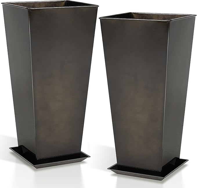 WORTH Garden 28" Large Metal Glazed Planter Set of 2, Luxurious Glossy Finish Black Tall Square Tapered Steel Plant Pots, Decor Flower Pot Indoor & Outdoor, Drainage Hole & Dual-Purpose Plant Saucer-Ruum Studio Home