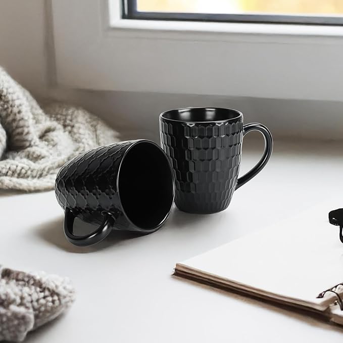 16 OZ Bone Coffee Mugs Set of 6 Matte Black, Large Ceramic Coffee Mugs Set with Different Texture Patterns, Porcelain Cups with Handle for Espresso Latte Tea Milk-Ruum Studio Home