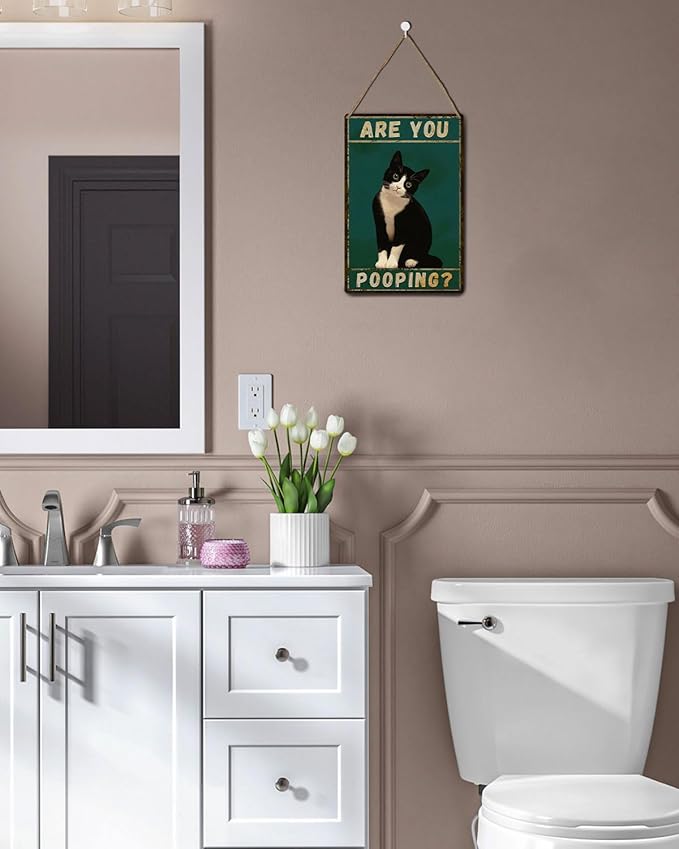 ALKB Tuxedo Cat Decor Are You Pooping Funny Metal Signs 8 x 12 Inch Black Cat Gift for Vintage Bathroom Decor-Ruum Studio Home