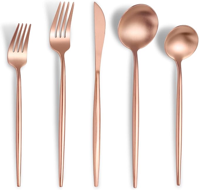 Matte Rose Gold Silverware Set for 4,Modern Stainless Steel Brushed Cutlery Set,20-Pieces Heavy Duty Flatware Set,Knives Spoons and Forks Set Utensils Set, Satin Finish, Dishwasher Safe-Ruum Studio Home