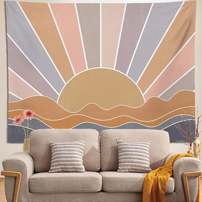 keowhsf Boho Sun Mountain Tapestry Wall Hanging - Retro 70s Vintage Rainbow Sunrise Sunset Design, Abstract Geometric Hippie Art Tapestry for Bedroom, Living Room & Dorm Decor-Ruum Studio Home