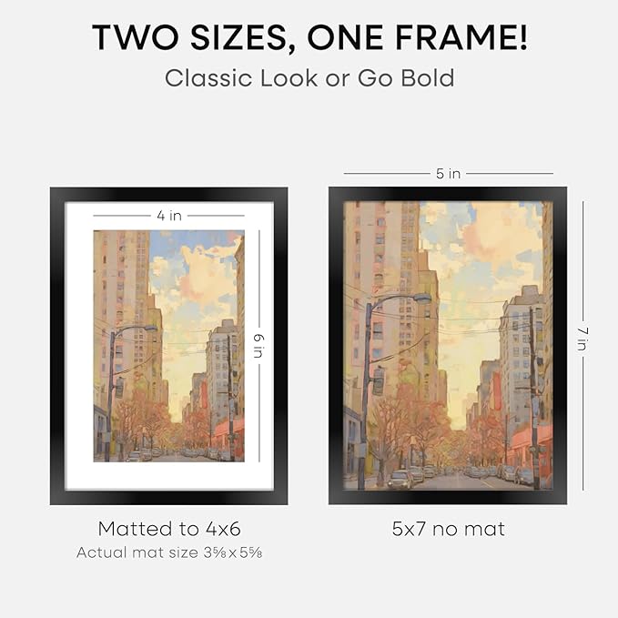 Homeforia 5x7 Picture Frame Black, High End Metal 5 x 7 Black Frames with Mat 4 x 6 for Art, 5x7 Desk Frame Matted to 4x6 inch Photo, 5 by 7 Wall or Tabletop Frames, Tempered Glass, Wall Kit, Set of 1-Ruum Studio Home