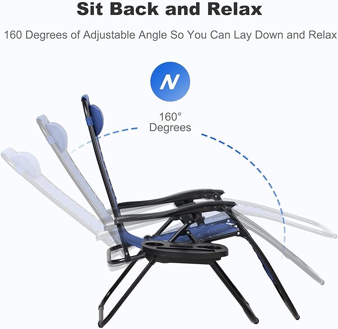 Nazhura Set of 2 Relaxing Recliners Patio Chairs Adjustable Steel Mesh Zero Gravity Lounge Chair Beach Chairs with Pillow and Cup Holder (Blue)-Ruum Studio Home