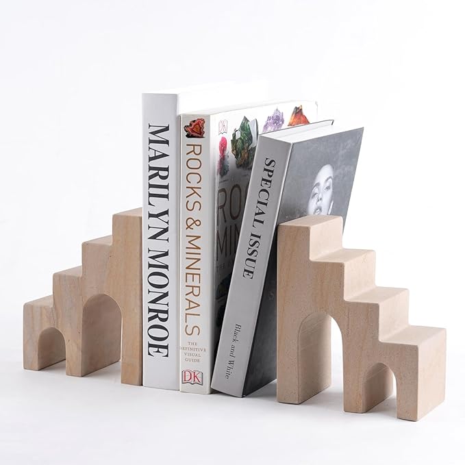 Natural Marble Book Ends for Shelves, Decorative Bookends for Heavy Books, CastleGuard Bookend Book Holder Stopper for Home Office Desk Bookshelf Decoration, Turkey Natural Marble, Set of 2-Ruum Studio Home