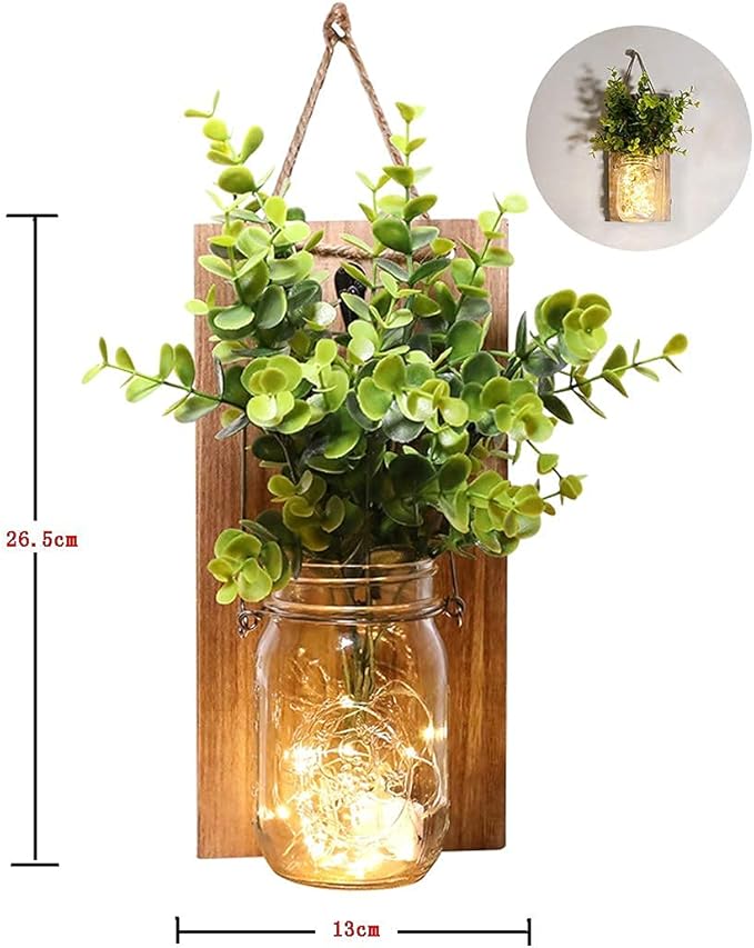 Rustic Wall Sconces, Mason Jar Sconces, Farmhouse Home Decor, LED Fairy Lights, Green Fake Plant, Interior Decoration Warm Toned Lighting. (2 Pack)-Ruum Studio Home