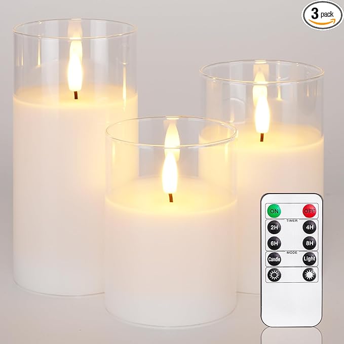 Homemory Clear Glass Flameless Candles, Pure White Wax Battery Operated Candles, LED Pillar Candles with Remote Control and Timers, D3 H4 5" 6", Set of 3-Ruum Studio Home