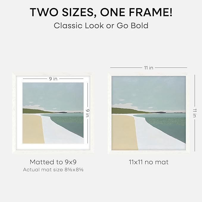 Homeforia 11x11 Picture Frame White, High-End Oak 11 x 11 Square Wooden Frames with Mat 9 by 9 inch Photo, 11by11 Wood Frame Matted to 9x9 Print, Wall Hanging Frame, Tempered Glass, Wall Kit, Set of 1-Ruum Studio Home