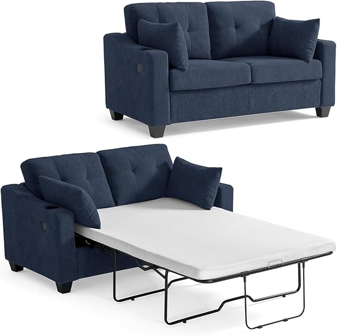 Pull Out Sofa Bed, Full Size Sleeper Sofa, 2-in-1 Convertible Corduroy Couch with USB Charging, Memory Form Couch for Living Room, Apartment and Small Space (Navy Blue, Corduroy - Full Size)-Ruum Studio Home