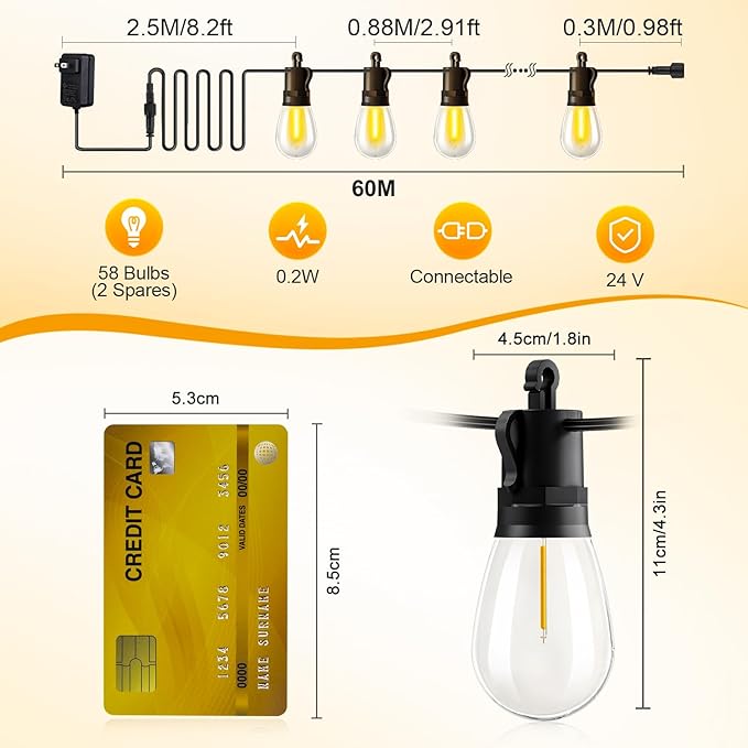 Outdoor String Lights Patio LED Light Outside - 60M 58+2 S14 LED Dimmable 200ft Porch Lighting IP65 Waterproof-Ruum Studio Home