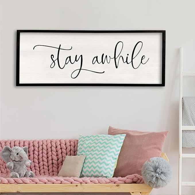 Stay AWhile Sign Wall Decor Sign 40"X15" Large Living Room Entryway Wood Framed Rustic Wall Decor for Vintage Farmhouse Foyer Hanging Lets Stay Home Wall Art (Black)-Ruum Studio Home