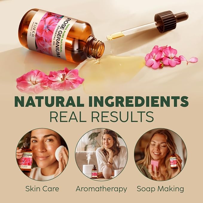 Kukka Rose Geranium Essential Oil for Skin - 4 Fl Oz - 100% Pure Natural Geranium Oil for Diffuser & Aromatherapy - Soap Making Scent & DIY-Ruum Studio Home