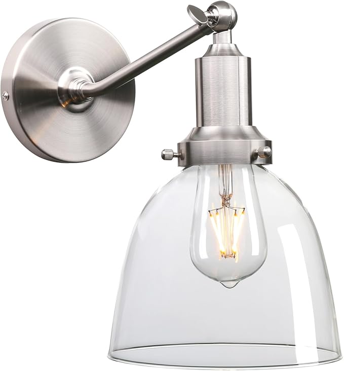 PERMO Industrial Vintage Slope Pole Wall Mount Single Sconce with 6.7" Oval Dome Clear Glass Shade Wall Sconce Light Lamp Fixture (Brushed Nickel)-Ruum Studio Home
