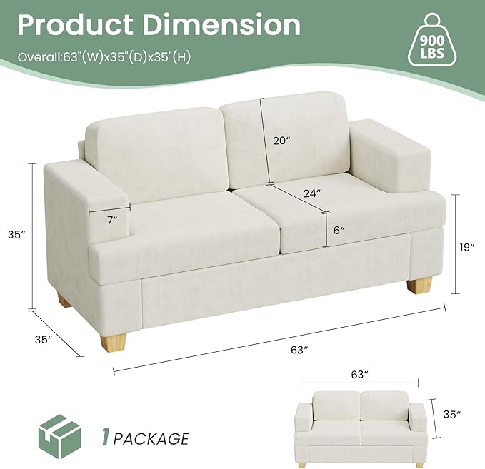 Sofa, 63” Comfy Loveseat Sofa Couch with Deep Seats, Couch for Living Room, Modern Sleeper Sofa, Beige Chenille-Ruum Studio Home