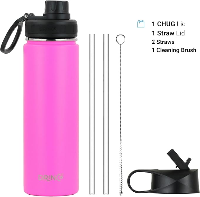 DRINCO Stainless Steel Water Bottle Spout Lid Vacuum Insulated Double Wall Water Bottle Wide Mouth (40oz 32oz 22oz 18oz 14oz) Leak Proof Keep Cold Sport Camping Hiking (22 oz, 22oz Island Pink)-Ruum Studio Home