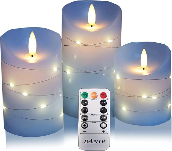 danip Sky Blue LED Flameless Candle, with Embedded Star String, 3-Piece Set of LED Candles, with 11 Button Remote Control, 24-Hour Timer Function, Dancing Flames, Real Wax, Battery Powered.-Ruum Studio Home