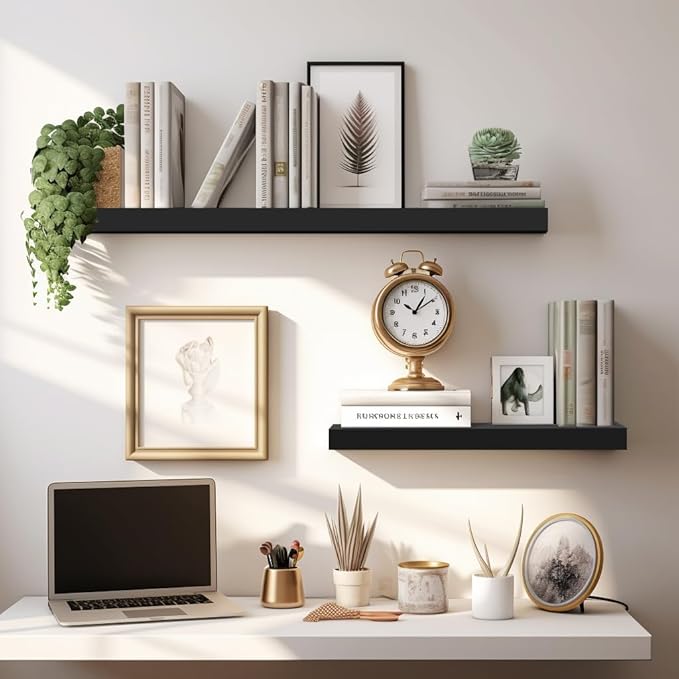 LaVie Home Floating Shelves, 15.6 Inch Wall Shelf Set of 3, Hanging Shelf with Invisible Brackets, Wall Decor for Bathroom, Bedroom, Living Room, Kitchen Storage, Classic Black-Ruum Studio Home