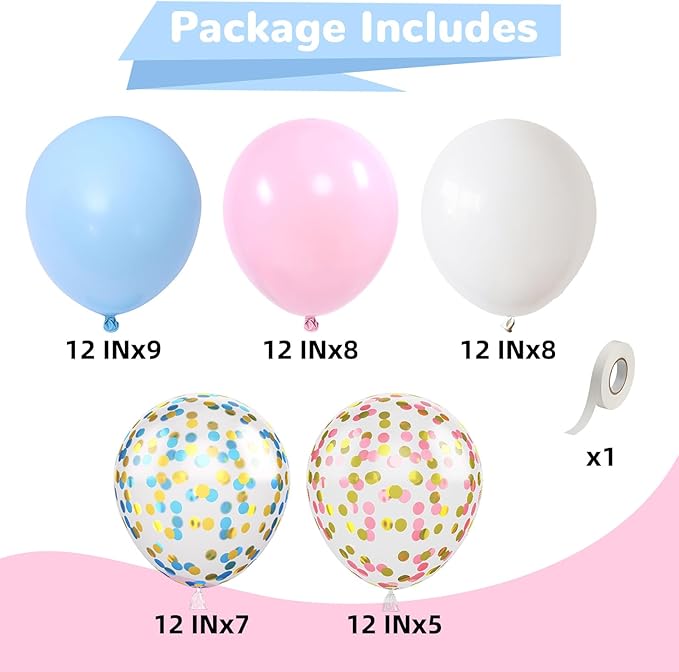 Pink and Blue Balloons 12 Inch Pastel Light Baby Blue Pink White Party Balloon with Confetti Latex Balloons for Gender Reveal Boy or Girl Princess Birthday Bridal Baby Shower Party Decorations-Ruum Studio Home