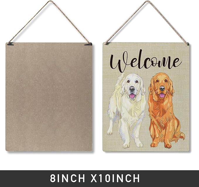 Qious Welcome Sign Gift Farmhouse Welcome Golden Retriever Wooden Hanging Sign Plaque Modern Wall Art Decor for Home Decoration 10 x 8 Inches-Ruum Studio Home
