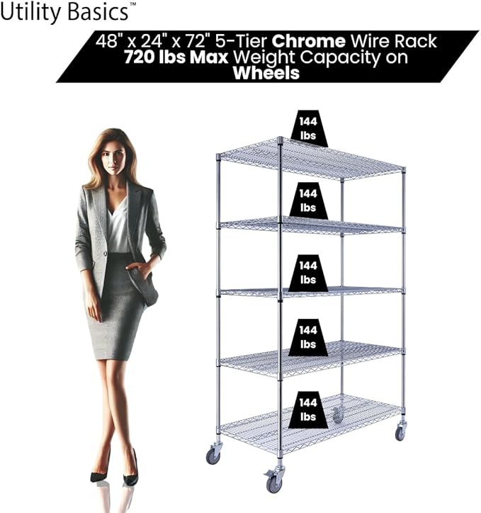 48"x24"x72" Chrome 5-Tier PREMIUM Wire Shelving NSF 4000 LBS MAX CAPACITY Heavy Duty Steel Storage Rack for Warehouses, Garages, Hospitals, Commercial Spaces, & Schools w/PREMIUM WHEELS-Ruum Studio Home