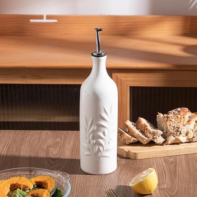 Sweejar Large Ceramic Olive Oil Dispenser Bottle, 24 Oz Relief Opaque Oil Cruet Protects Oil To Reduce Oxidation, Storage Oil, Vinegar, Soy Sauce, Coffee Syrup, Liquids, Set of 1 (White)-Ruum Studio Home