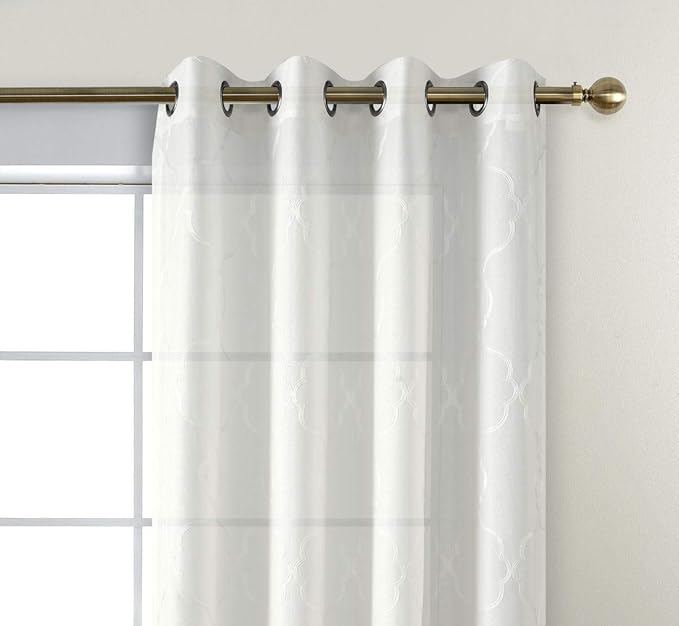 MIUCO Moroccan Embroidery Semi Sheer Curtains Faux Linen Grommet Window Curtains for Bedroom Living Room 63 Inch Length 2 Panels, Pure White-Ruum Studio Home
