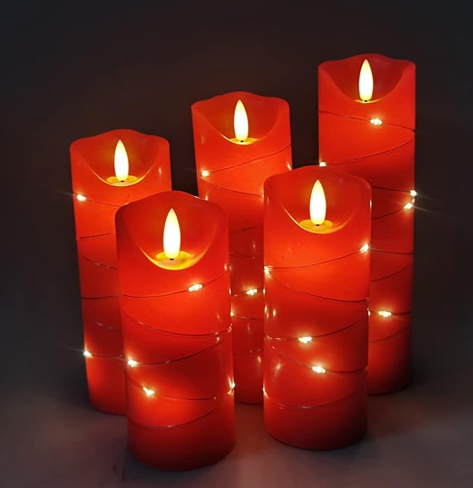 DANIP Red LED Flameless Candle with Embedded Star String, 5Piece LED Candle with 11 Button Remote Control, 24 Hours Timer Function, Dancing Flame, Real Wax, Battery Powered.-Ruum Studio Home