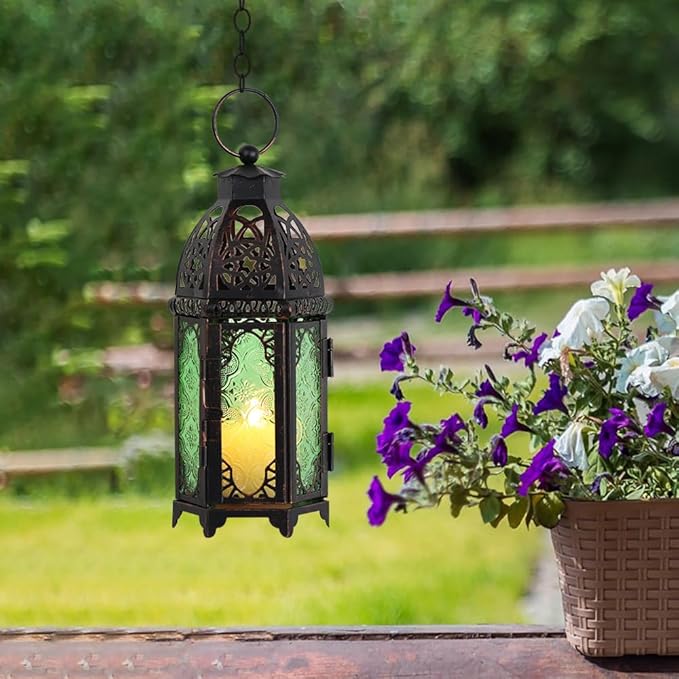 NEEDOMO Hanging Moroccan Lantern, 11'' Vintage Candle Holder, Metal Lanterns Decorative Indoor Outdoor, Table, Patio, Porch, Shelf, Gothic Home Decor (Green, Medium Size)-Ruum Studio Home