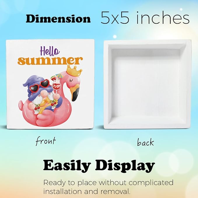 Hello Summer Decor Flamingo Decorations Summer Gnome Wooden Sign Rustic Home Decor 5 x 5 Inches-Ruum Studio Home