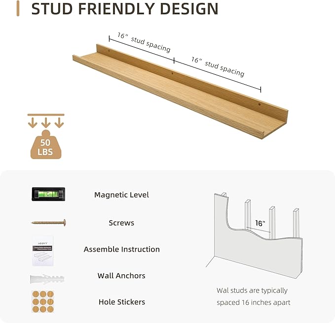 Picture Ledge Shelf, Wood Floating Shelves Set of 2, 36 inch Picture Ledge Shelves, Photo Ledge Nursery Book Shelves Wall Mounted for Living Room Kids' Room Bedroom, Color Oak-Ruum Studio Home